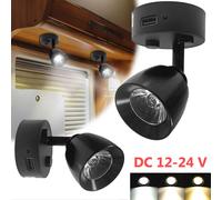 2 pièces 12V LED Spot Lampe Projecteur Noir Projecteur de plafond avec interrupteur tactile Connexion USB Projecteur mural pour camping-car Car bateau Caravane Camper Camping-car, 3 couleurs de lumièr