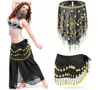 2 pièces Accessoires de danse du ventre style sari égyptien, foulard de hanche à pièces d'or, voile de visage en mousseline pailletée, décoration pour carnaval, rave, boîte de nuit, fête à la plage ch