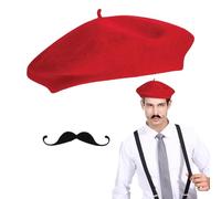 2 Pièces Accessoires de Déguisement Français, Chapeau Béret Francais et Fausse Moustache, Accessoires de Style Français pour Carnaval, Spectacle, Halloween (Rouge)