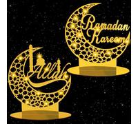 2 Pièces Acrylique Eid Mubarak Décoration,Eid Mubarak Ramadan LED Muslim Veilleuse,Ramadan Veilleuse,Ramadan Eid Mubarak Ornements,Étoile Lune Islam Musulman Ornements pour Décorations Ramadan