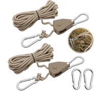 2 Pieces Adjustable Ratchet Rope 4 m, Khaki 1/8 Inch Ratchet Pulley with 2 Replacement Hooks, Reflective Ratchet Rope Tensioner for Plant Tent Hiking Lamp
