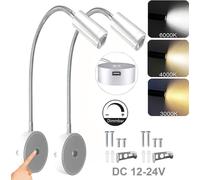 2 pièces Applique murale LED Variable 3 couleurs de lumière, Lampe de lecture Bras de lampe flexible,Applique murale Touch Connexion USB 12-24V Intérieur RV Camping-car Navire,argent