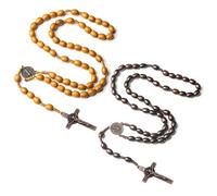 2 Pièces Article Chapelet Catholique Collier Perles De Prière En Bois Naturel Avec Croix Médaille Jésus Christ Saint Benoît Pour Chrétiens Catholiques Communion Religieuse, Baptême, Messe, Bible
