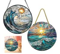 2 Pièces Attrape-Soleil Coloré en Acrylique Décoration De Fenêtre à Suspendre Attrape-Soleil Soleil Et Vagues pour Protéger Les Fenêtres des Oiseaux Salon Jardin Vitres 20 X 20 Cm