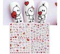 2 pièces Autocollant de Saint-Valentin 3D pour les ongles, mignons dessins animés amoureux pour fille de nail gang, décorations de manucure de conception DIY, autocollants d'art d'ongle Cartoon,Géomét