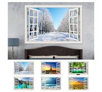 2 pièces Autocollant mural de plage et de lac amovible Paysage enneigé 3D Cascade Tournesol Papier peint autocollant à coller pour décoration de chambre, cuisine, esthétique, autocollants, décalcomani