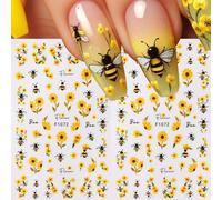2 pièces Autocollants 3D mignons pour ongles avec abeilles et tournesols. Décalcomanies adhésives pour ongles avec alphabet anglais. Décoration de manucure DIY avec fleurs jaunes et petites Animal,Noë