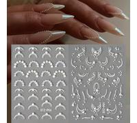 2 pièces Autocollants d'art de clou de lignes de vagues de dentelle de perle 5D blanche, décalcomanies élégantes et raffinées de décoration d'ongle, transfert adhésif pour manucure graphique,Tout Impr
