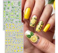 2 pièces Autocollants d'art des ongles de tranche de citron d'été, tranche de citron jaune et de lime verte, glisseur d'ongles, style kawaii japonais et coréen, fruits frais, décalcomanies pour ongles