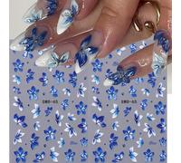2 pièces Autocollants d'art pour les ongles en forme de fleurs d'orchidées bleues 5D en relief. Décalcomanies florales de fleurs sauvages bleues pour le printemps. Décorations de manucure, fournitures