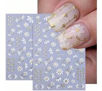 2 pièces Autocollants d'art pour ongles 3D en métal à motif de marguerite, décalcomanies pour ongles au style bohème avec imprimé floral de dentelle blanche et dorée, effet holographique, pour les ong