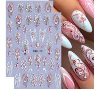 2 pièces Autocollants d'art pour ongles 5D chics à motif de fleurs et de vignes, feuilles roses et blanches. Décalcomanies pour ongles à relief embossé, adhésives. Conçues pour la décoration DIY des m