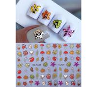 2 pièces Autocollants d'art pour ongles 5D gaufrés métalliques avec feuilles d'automne, paillettes, feuille d'érable, citrouille, renard, champignon. Décalcomanies pour ongles à relief métallique bril