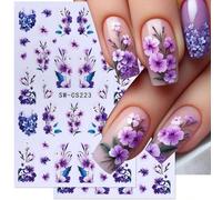 2 pièces Autocollants d'art pour ongles à fleurs violettes DIY Conception de fleurs d'hortensia et de vignes pour Nail Art Printemps Eté 3D Adhésif Décoration de manucure Salon Fournitures pour ongles