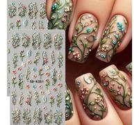 2 pièces Autocollants d'art pour ongles avec bouquet floral à feuilles de vigne 5D gaufrées vertes, fleurs à 5 pétales colorées épanouies, décalcomanies de feuilles pour ongles, designs pour ongles de
