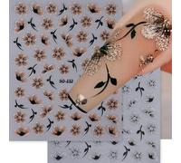 2 pièces Autocollants d'art pour ongles avec fleurs brunes scintillantes d'automne, décalcomanies de fleurs à 5 pétales et de vignes, designs floraux élégants DIY 3D autoadhésifs pour fournitures d'on