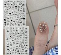 2 pièces Autocollants d'art pour ongles avec motifs mignons de chats et chiens, croquis noirs, graffitis, étoiles, nœuds, amour, style kawaii animal, style japonais. Fournitures pour décoration d'ongl
