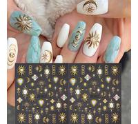 2 pièces Autocollants d'art pour ongles avec motifs relief soleil, lune, étoile, fleur. Design bohème gothique, cœur sacré, constellation. Décorations de clous, accessoires de manucure NoëlABS