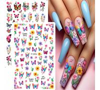 2 pièces Autocollants d'art pour ongles avec papillons et fleurs rêveurs, ailes de papillons dégradées colorées, iris, tournesols, décoration d'ongles pour le printemps/l'été, fournitures pour ongles 