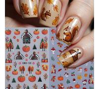 2 pièces Autocollants d'art pour ongles d'automne avec designs 5D en relief - citrouille, dinde, feuille d'érable, feuilles de pin, champignon. Décorations d'automne mignonnes en brun et jaune pour ma