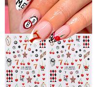 2 pièces Autocollants d'art pour ongles de billard Y2K, motifs de cartes de jeu de billard 3D avec cerises, léopard et étoiles. Décorations d'ongles mignonnes et autocollantes. Fournitures pour nail a