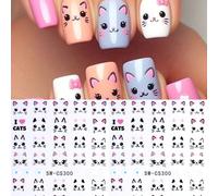 2 pièces Autocollants d'art pour ongles de chat de dessin animé 3D, visage de chat rose creux et noir mignon, design d'oreille et de nœud papillon, autocollants de vernis à ongles en gel adhésifs Kawa