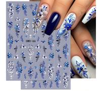 2 pièces Autocollants d'art pour ongles décalques 5D gaufrés à motifs de fleurs bleues. Designs d'art pour ongles avec fleurs dégradées, motifs de vignes et texture de pétales. Feuilles de recouvremen
