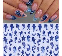 2 pièces Autocollants d'ongles 3D gaufrés bleu océan, décalcomanies d'art d'ongles adhésives d'animaux marins comme les baleines, les méduses, les étoiles de mer, style plage d'été. Accessoires pour o