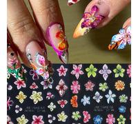 2 pièces Autocollants d'ongles 5D en relief avec fleurs d'hibiscus léopard colorées. Décalcomanies d'ongles à pétales en relief style Y2K avec points d'encre. Décalcomanies d'art pour ongles autoadhés