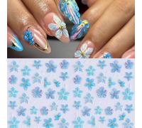 2 pièces Autocollants d'ongles à fleurs d'hibiscus bleu 5D, décalcomanies à motif de pétales bleus holographiques, décoration d'art floral transparent pour les ongles d'été, convient pour les vacances