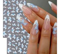 2 pièces Autocollants d'ongles de manucure française avec fleurs de lys bleues élégantes, Décalcomanies d'art pour ongles floraux 5D pour mariage, décorations d'ongles de printemps/été, fournitures po