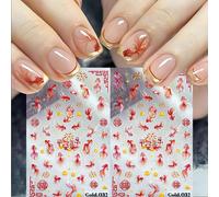 2 pièces Autocollants d'ongles de style chinois avec carpes rouges et dorées, motif de poissons rouges et de feux d'artifice en relief, décalcomanies pour l'art des ongles du Nouvel An, convient pour
