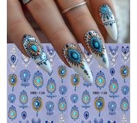 2 pièces Autocollants pour ongles 5D 3D bleus, décalcomanies de vignes florales bohèmes, autocollants de luxe pour ongles de style mexicain DIY autoadhésifs, fournitures pour nail art, convient pour l