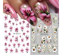 2 pièces Autocollants pour ongles avec fleurs de lys roses et marguerites blanches 3D. Designs DIY de fleurs pour la décoration des ongles d'automne. Adhésifs automoteurs glissants pour la manucure de