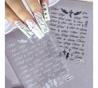 2 pièces Autocollants pour ongles charmants avec design d'ailes d'ange en lettres noires et blanches. Décalcomanies adhésives holographiques pour manucure DIY. Accessoires et fournitures pour ongles L