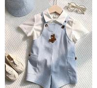 2 pièces avec chapeau gratuit : Ensemble de salopette et short rayés bleu et blanc pour bébé garçon ou bébé fille, avec chapeau de pêcheur. Convient pour les vacances décontractées, la maison, les sor