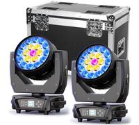 2 Pièces avec Flightcase 19 X 15W Wash Zoom Lyre LED, RGBW 4 en 1 LED Lumière de Faisceau Focalisé 4 Modes de Contrôle Scène Professionnel Lumière de Tête Mobile pour Fête Concert Mariage Disco