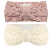 2 Pièces Bandeau Cheveux Femme Hiver, Hiver Serre-Tête Tricoté Oreille Réchauffeur, Bandeau Oreille Femme Avec doublure en peluche,Bandeaux Pour Cheveux Femme(Rose, Blanc)