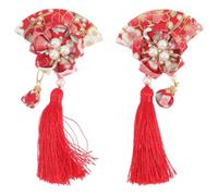 2 Pièces Barrette Éventail Japonaise en Tissu Rouge Pompon | Style Japonerie Chic et Élégant, Tenue Ferme, pour Filles, Soirées et Séances Photo, Facile à Assortir