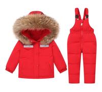 2 Pièces Bébé Combinaison de Ski Enfant Hiver Bandes Réfléchissantes Doudoune Encapuchonné Veste + Neige Pantalon à Bretelles Garçons Filles Ski Vêtements Rouge 2-3 Ans