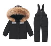 2 Pièces Bébé Combinaison de Ski Enfant Hiver Bandes Réfléchissantes Doudoune Encapuchonné Veste + Neige Pantalon à Bretelles Garçons Filles Ski Vêtements Noir 3-4 Ans