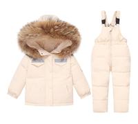2 Pièces Bébé Combinaison de Ski Enfant Hiver Bandes Réfléchissantes Doudoune Encapuchonné Veste + Neige Pantalon à Bretelles Garçons Filles Ski Vêtements Blanc 3-4 Ans