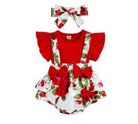 2 Pièces Bébé Fille Ensemble d'Eté Combinaision + Bandeau avec Floral Imprimé Tutu de Princesse Barboteuse Chouette et Charmante (Rouge, 6-12 mois)