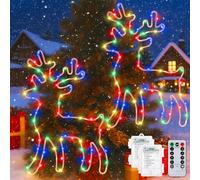 2 Pièces Beleuchtet Rentier Weihnachtsdeko, 120 LED Guirlande Lumineuse Exterieure Intérieur, 8 Modes Guirlande à Pile(Non Inclure) avec Minuterie, Ventouses, Décoration à Suspendre