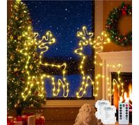 2 Pièces Beleuchtet Rentier Weihnachtsdeko, 120 LED Guirlande Lumineuse Exterieure Intérieur, 8 Modes Guirlande à Pile(Non Inclure) avec Minuterie, Ventouses, Décoration à Suspendre