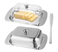 2 Pièces Beurrier en Acier Inoxydable, Beurrier avec Couvercle Transparent, Boîtes à Beurre avec Couteau à Beurre, Cloche à Beurre, Plateau de Dessert, Boîte à Fromage, Récipient à Beurre