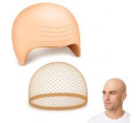 2 Pièces Bonnet Chauve en Latex, Faux Crâne Chauve Réaliste, Perruque Chauve avec Filet à Cheveux pour Halloween, Carnaval, Cosplay, Théâtre et Fête Déguisée - Beige Clair