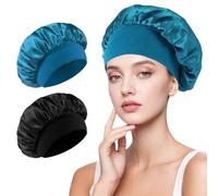 2 Pièces Bonnet De Nuit Satin, Capuche de Sommeil Élastique et Ajustable pour Femmes & Hommes, Bandeau de Nuit Réutilisable pour Cheveux Bouclés, Idéal pour Soins Capillaires(Noir & Bleu paon)