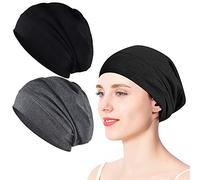 2 Pièces Bonnet de Nuit, XCOZU Élastique Slouch Beanie Bonnet Coton Femme Homme, Unisexe Bonnet Jersey Satin Bonnet Slouchy pour Sport, Sommeil(Gris et Noir)