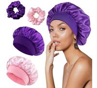 2 Pièces Bonnet Satin Cheveux Nuit avec Chouchous, FUKPO Bonnet Soie Sommeil Cheveux Long Court Nuit Femme Silk Bonnet Bouclés pour Dormir Douche(Violet, Rose)